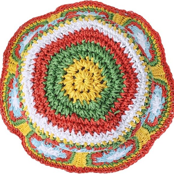 Multi Bright Printed Floral Straw Crochet Hat New